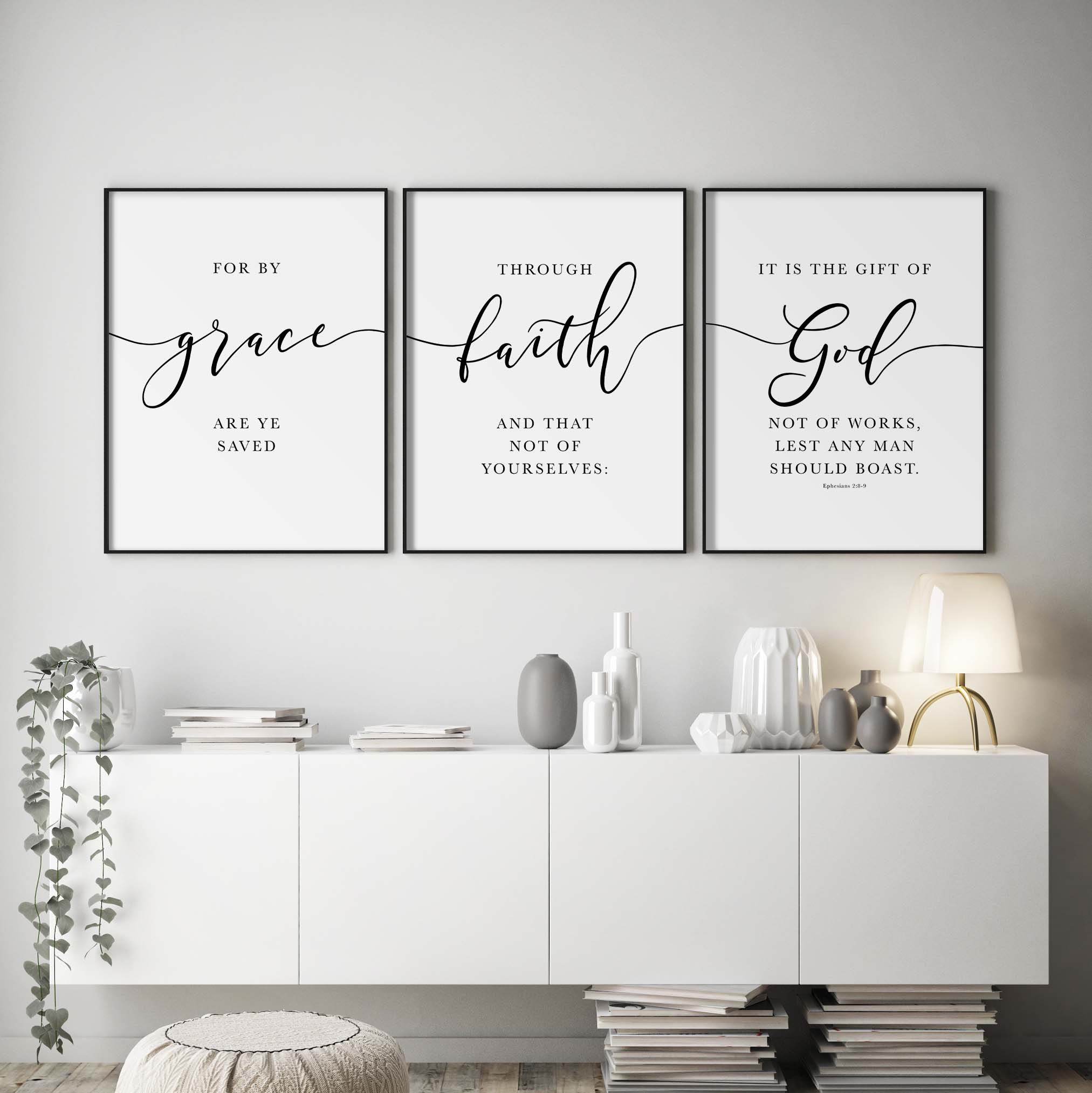 The Free Gift of Salvation, Ephesians 2:8-9 | Trio Set, Christian Wall Art, A3 at XILEF Art